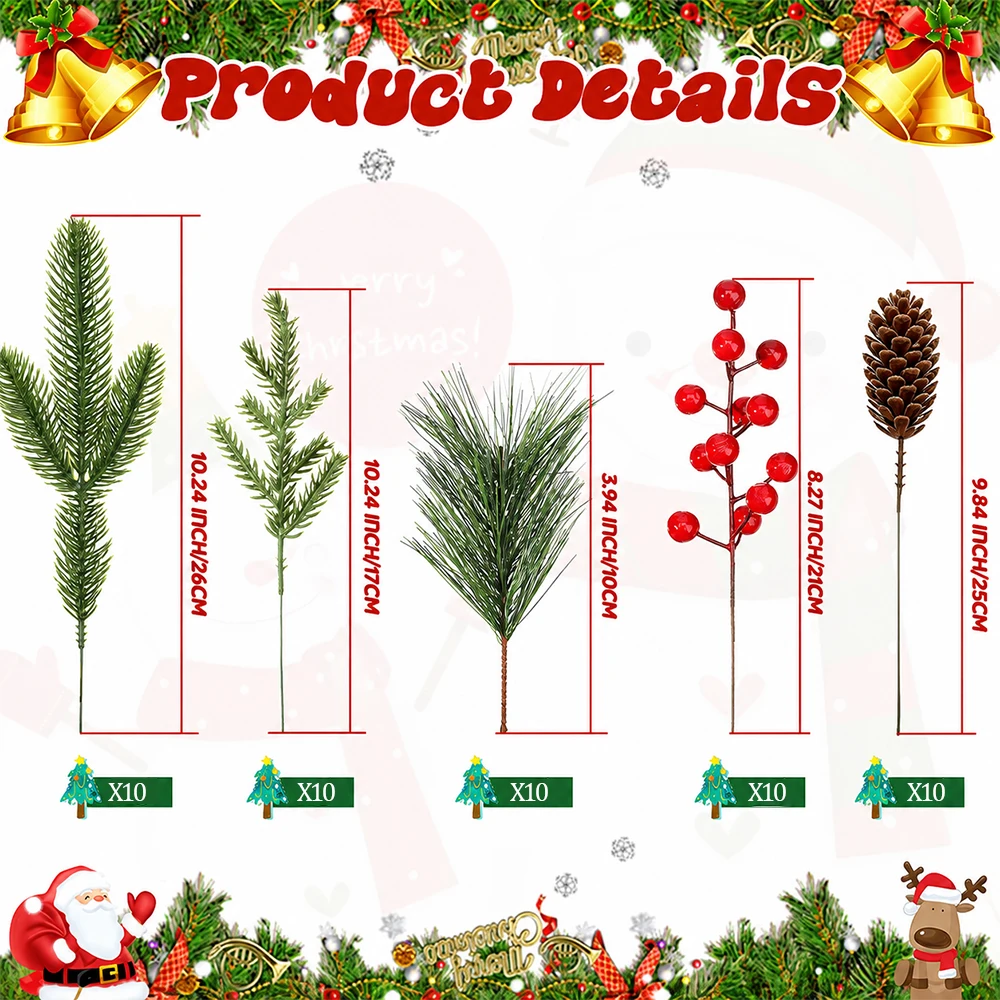 50 Piezas de Ramas de Pino Artificiales Navideñas, Tallos de Bayas Rojas, Piñas y Agujas de Pino para Manualidades, Guirnaldas, Coronas y Decoración Navideña del Hogar