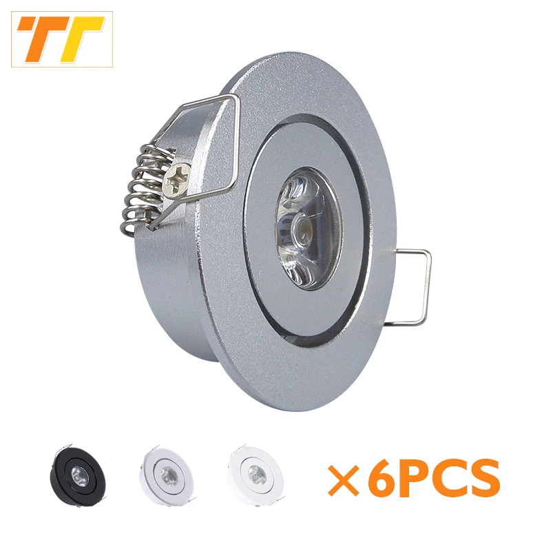 Mini luz LED empotrable de 6 piezas, 3W 1W, regulable, luz puntual, luces empotradas AC85-265V, luz de techo de aluminio de 52 mm