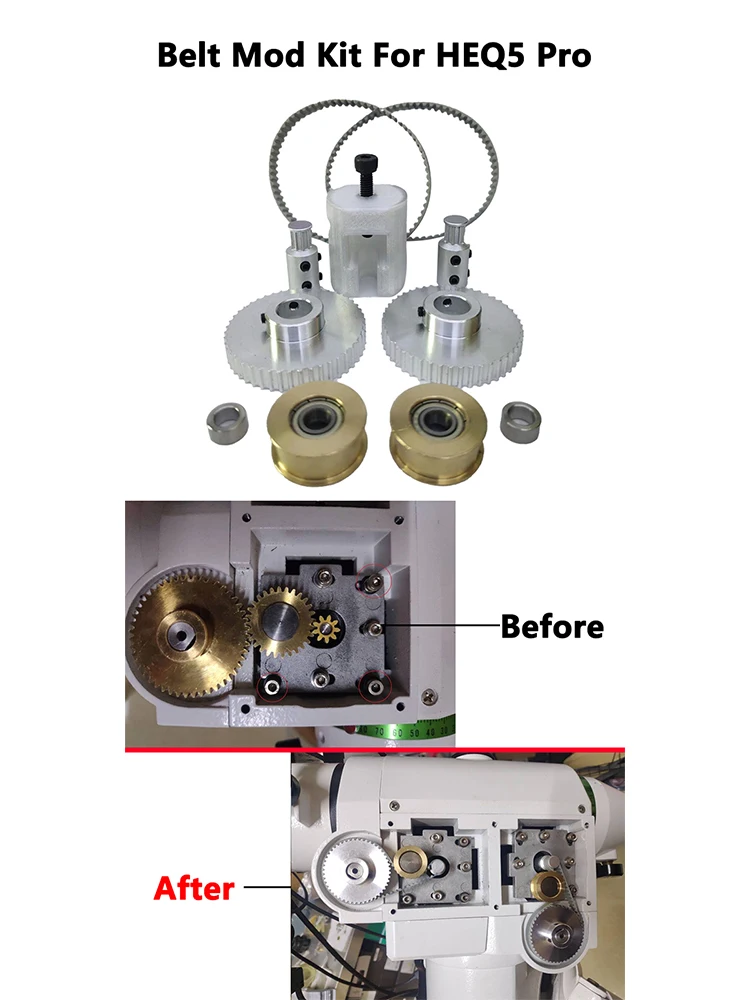 Kit de cinturón Mod para Sky-Watcher HEQ5 Pro, montaje ecuatorial Diy, reemplaza el tren de transmisión de engranajes rectos con cinturones