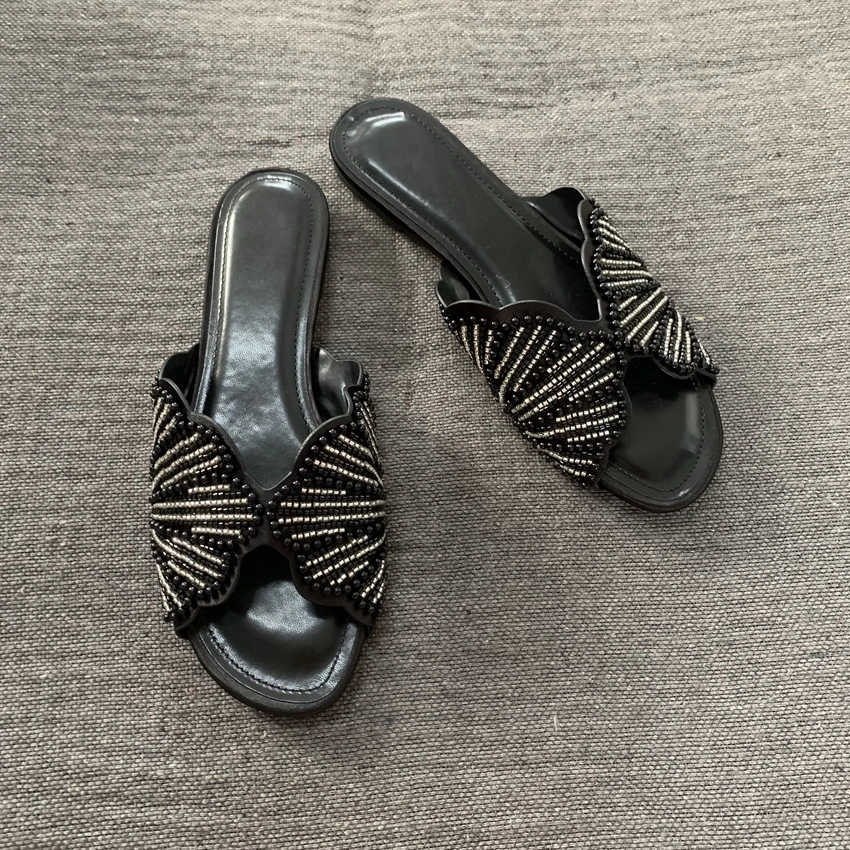 Sandalias Planas de Verano de Lujo para Mujer, Sandalias de Diseñador con Imitación de Perlas, Cómodas y Ligeras, Zapatos Casuales de Playa para Mujer
