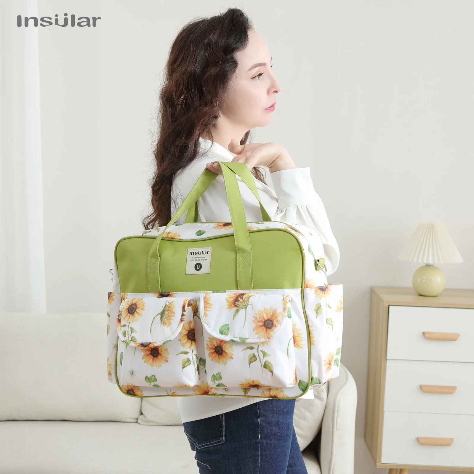 Bolsa de pañales para bebés Insular, bolso de mamá de gran capacidad, bolso de hombro con estampado de moda, bolsas de pañales para cochecito de mamá de viaje al aire libre