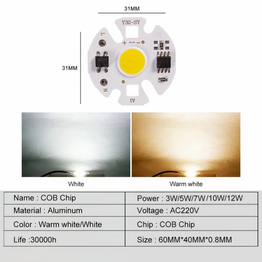 Chip LED COB MunLii sin Necesidad de Controlador, 220V, 3W 5W 7W 10W 12W, Lámpara con Chip LED, Bombilla LED Inteligente con IC para Proyector, Blanco Frío, Blanco Cálido