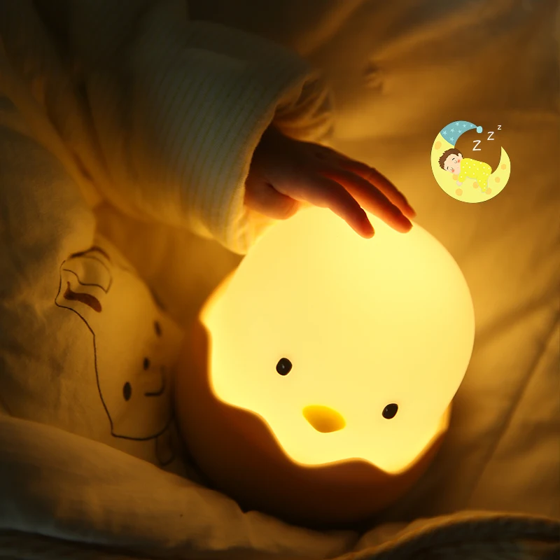 Luz nocturna de pollo de cáscara de huevo, luz LED de dibujos animados para dormitorio, luz ajustable táctil, luz cálida recargable, luz de ambiente