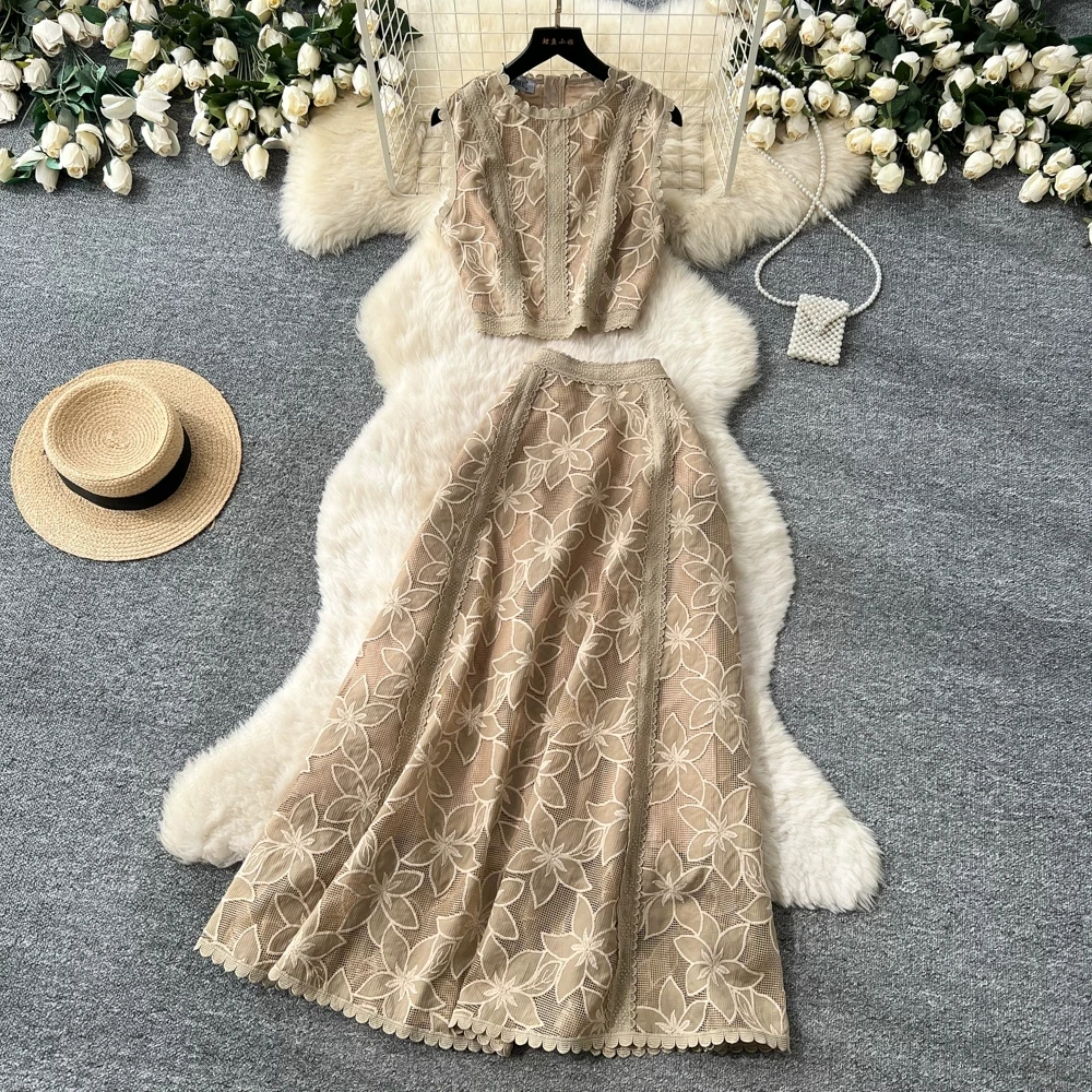 Conjuntos de dos piezas bordados para mujer, elegantes, con aberturas, de ganchillo, top corto sexy, faldas midi de línea A, trajes de 2 piezas, vestidos largos de encaje