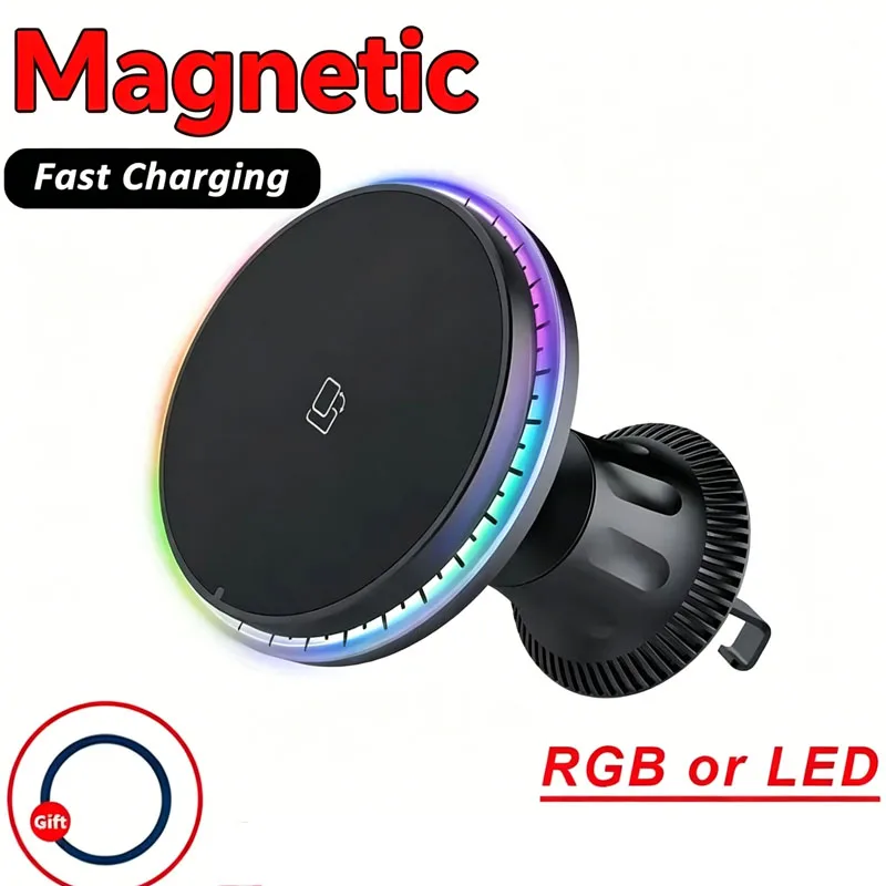 Cargador inalámbrico magnético RGB para coche, soporte para teléfono con función Macsafe para iPhone 13, 14, 15, 16, 17 Pro Max, estación de carga rápida