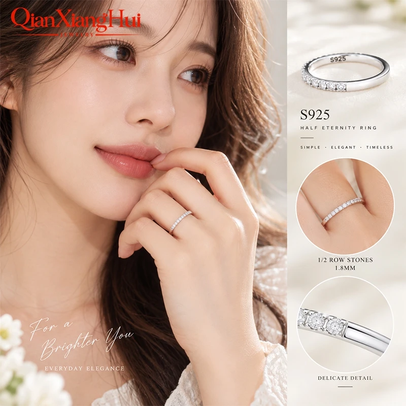 Anillo de Plata 925 con Moissanita Redonda Blanca D VVS de 1.8mm, Media Eternidad y Media Primera Calidad, Joyería para Regalo, Fiesta, Citas, Mujer