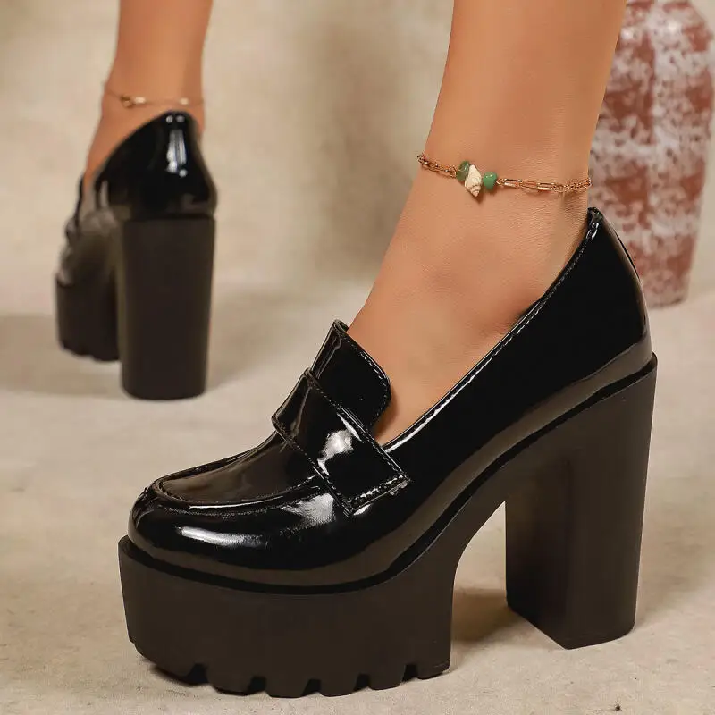 Mocasines de plataforma gruesa de charol de lujo para mujer, zapatos de tacón superalto sexis con parte inferior gruesa para fiesta, zapatos de oficina para mujer 2026
