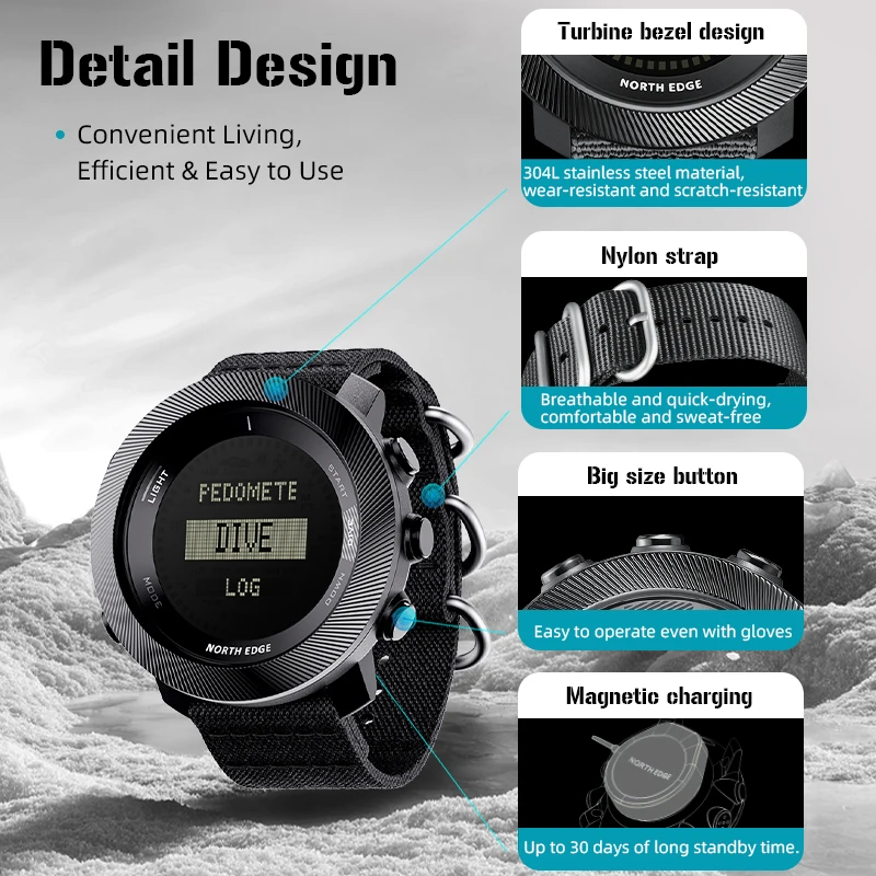 Reloj Digital para Buceo NORTH EDGE APACHE-D para Hombre, Deportes al Aire Libre, Natación, Resistente al Agua 100M, Altímetro, Barómetro, Brújula