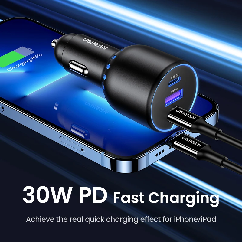 Cargador Rápido para Auto UGREEN 130W USB C para Xiaomi, iPhone 18, Samsung Galaxy S25, Laptops, Carga Rápida PD3.0, Cargador USB Tipo C para Auto