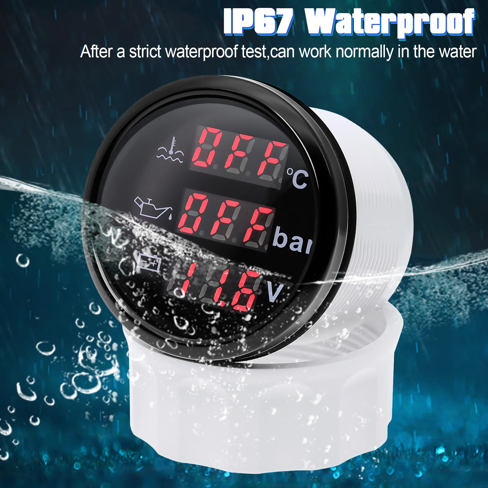 Medidor digital 3 en 1 de 52 mm con alarma 0~120 ℃   Medidor de temperatura del agua + presión de aceite + voltaje con prensa de aceite/Sensor de temperatura del agua personalizado