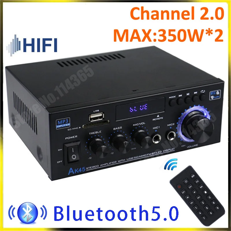 Amplificador Digital HiFi AK45 con Bluetooth, amplificador de sonido envolvente 2,0, Canal MP3, compatible con 90V-240V, máx. 350W x 2, para casa y coche