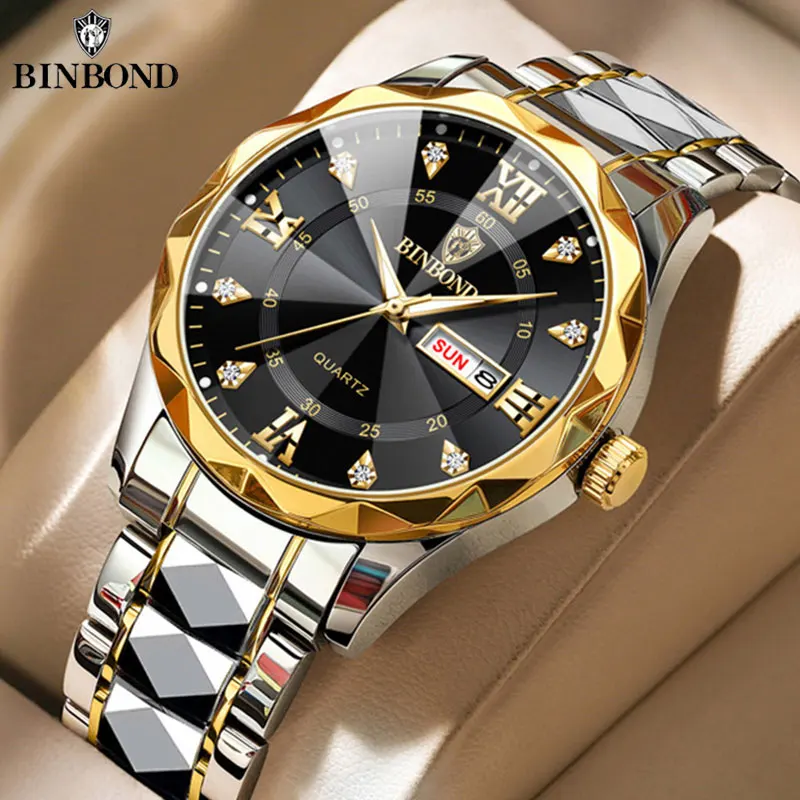 BINBOND-Reloj de pulsera de acero inoxidable para hombre, cronógrafo de lujo con botón oculto, cierre luminoso, resistente al agua, con fecha y semana