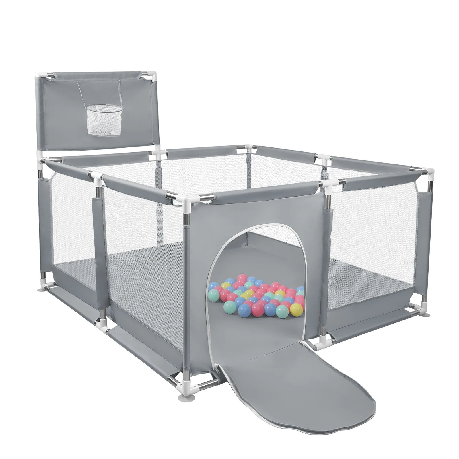 Corralito para bebés, corralito infantil, piscina de pelotas para bebés, con canasta de baloncesto, 126x126x66cm y como ayuda para caminar.