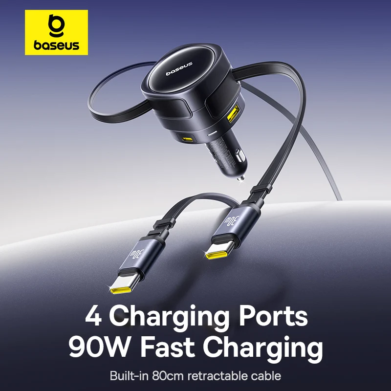 Baseus 90W cargador de coche tipo C iP Cable retráctil Dual cargador de teléfono PD QC SCP AFC PPS carga rápida para iPhone Samsung Xiaomi