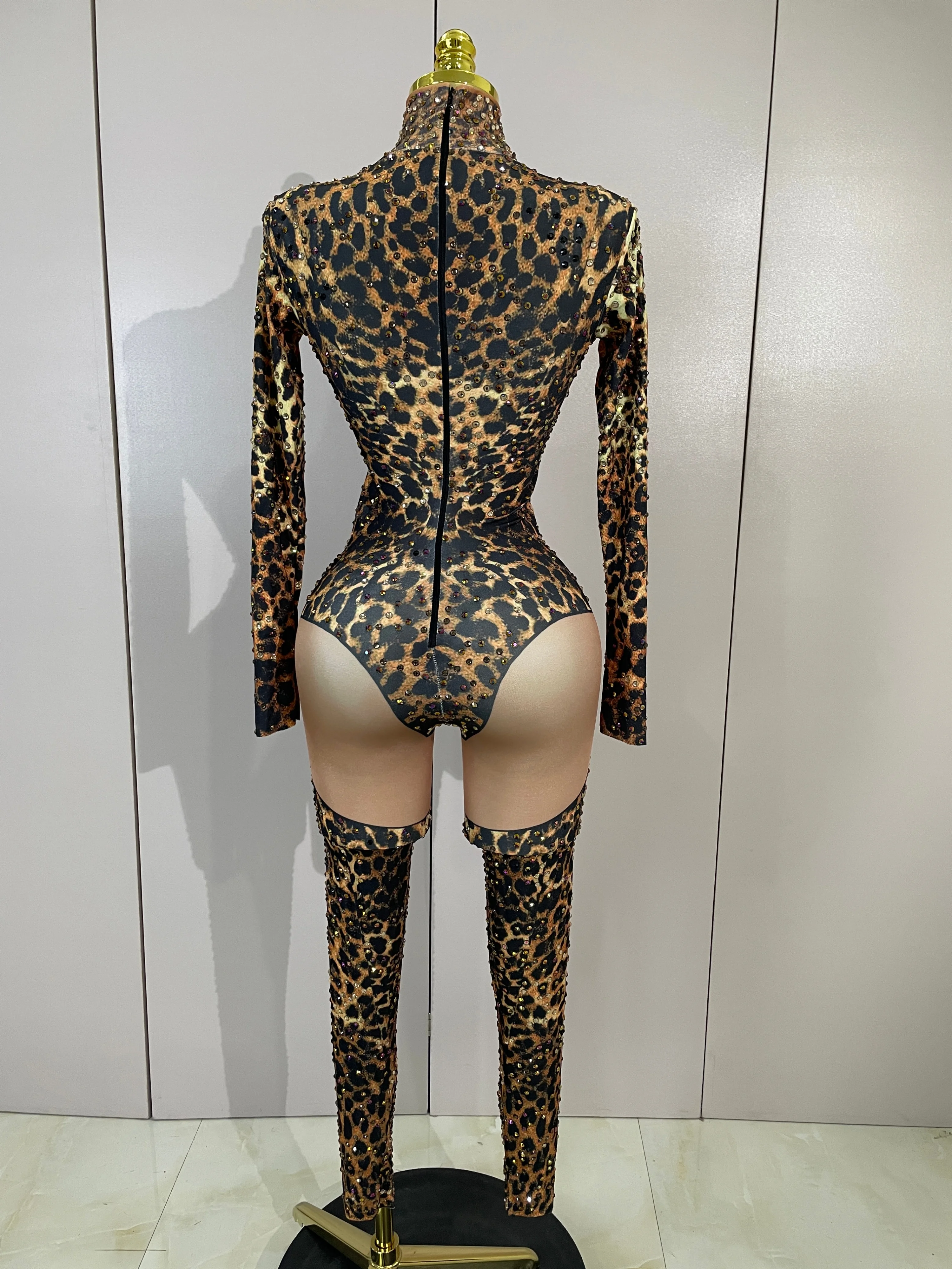 Mono elástico ajustado con estampado de leopardo y diamantes brillantes para mujer, traje sexy para fiesta nocturna, discoteca, cantante, bailarina, actuación en el escenario