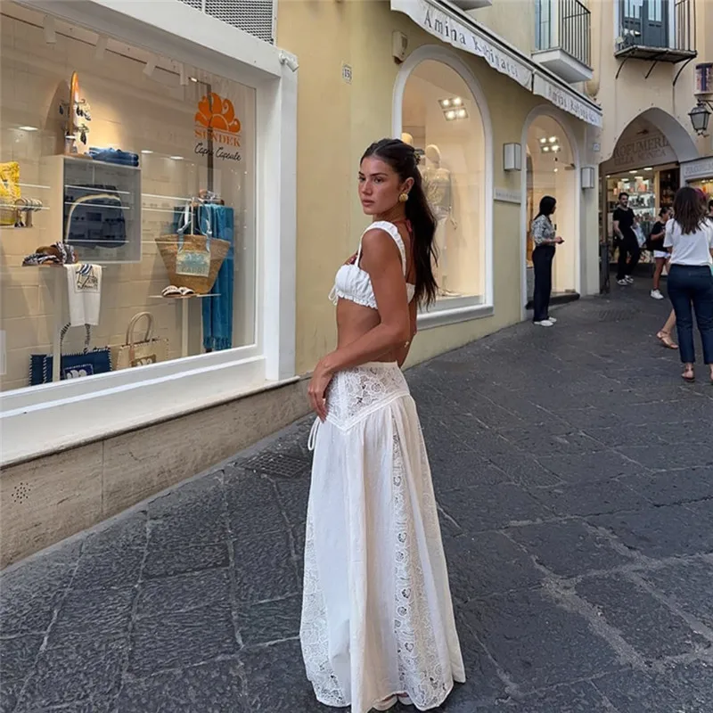 Conjuntos a juego para mujer Suninheart, conjunto de top corto con cuello cuadrado de encaje vintage Y2k blanco y falda larga, vestido de vacaciones, ropa de playa estilo bohemio