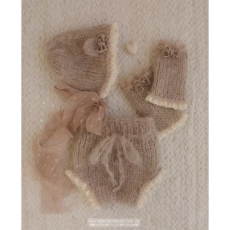 Accesorios de Fotografía para Recién Nacidos, Conjunto de Pelele Tejido, Gorro y Calcetines, Traje Vintage de Encaje Floral para Bebé Niña, Ropa para Sesión de Fotos de Estudio