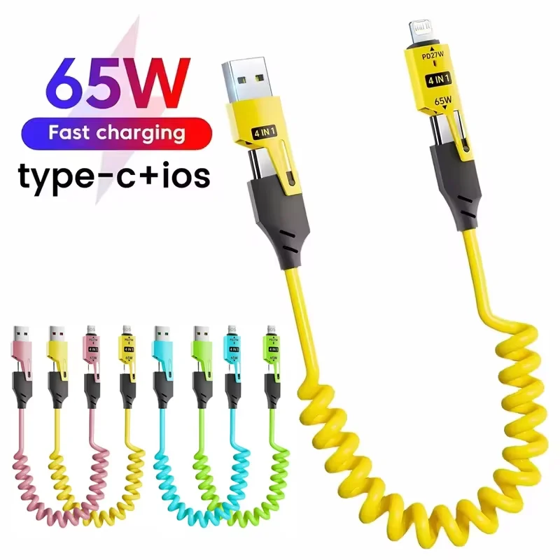 Cable USB de resorte de carga rápida de 65W, Cable de datos de resorte 4 en 1, Cable telescópico de resorte USB tipo C 6A para iPhone, iPad, MacBook, Huawei