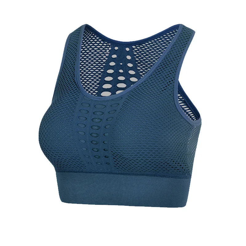Sujetadores deportivos de malla sin costuras para mujer, ropa interior para Fitness, gimnasio, correr, sujetador a prueba de golpes, Top corto inalámbrico, sujetadores de Yoga transpirables de Color sólido