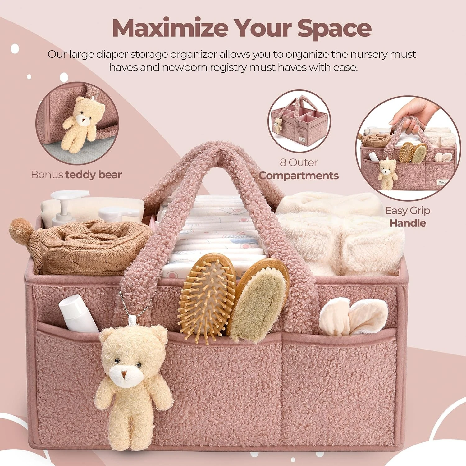 Organizador de pañales para bebé para cambiador, apiladores de pañales de felpa y bolsa de pañales con osito de peluche, cesta de almacenamiento de pañales