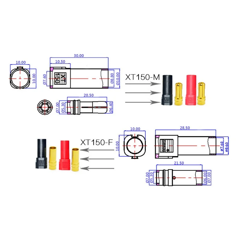 Adaptador de conector XT150 Original, enchufe macho hembra XT150, 120A, amperios de gran corriente de alta calificación para coche con batería LiPo RC, 3/5/6/10 pares