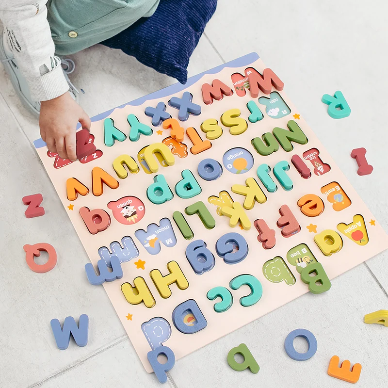 Rompecabezas educativo de madera Abc, estuche superior y letras más inferiores para regalos de cumpleaños, juego familiar para niños y niñas, niños en edad preescolar
