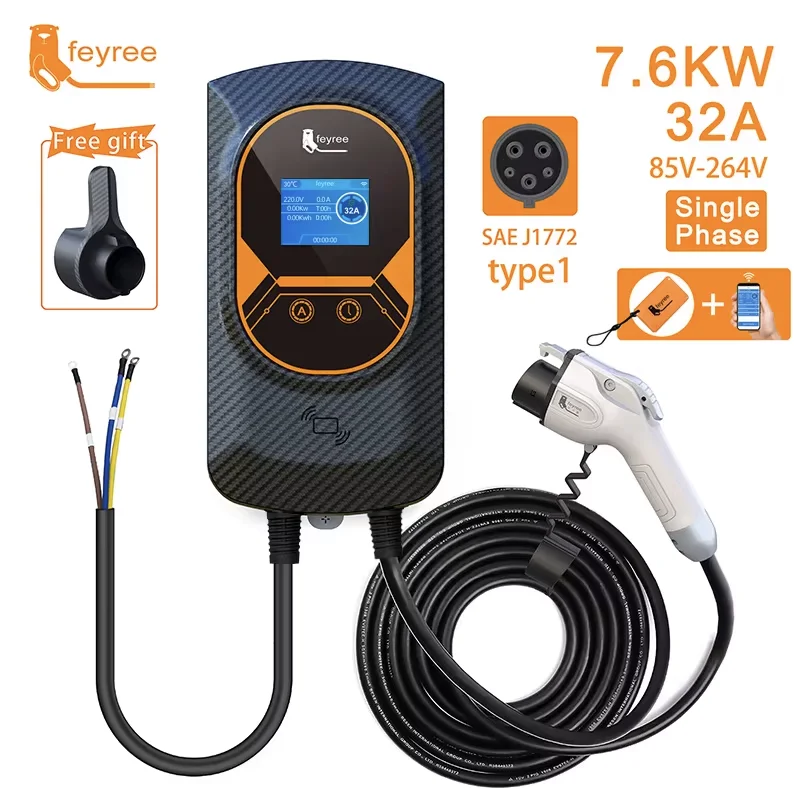 Cargador Feyree EV Tipo 1 EVSE Wallbox 32A 7.6KW 40A 9.6KW 50A 12KW Monofásico Adaptador J1772 Control por APP para Vehículo Eléctrico