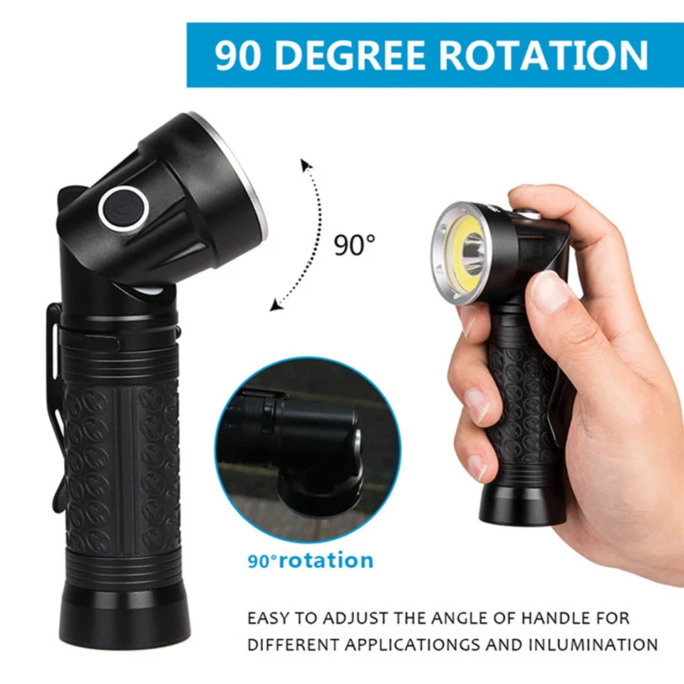Potente linterna LED T6 + COB, 4 modos, 90 °, luz de trabajo plegable, luz de inspección, linterna táctica con cola magnética para Camping