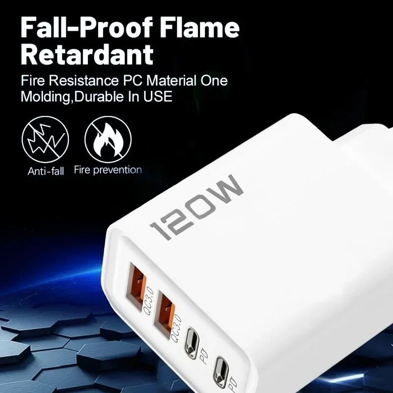 Cargador de 4 puertos y 120W con USB C PD, carga rápida 3.0, tipo C, adaptador de carga rápida para iPhone, Samsung, Xiaomi, Huawei
