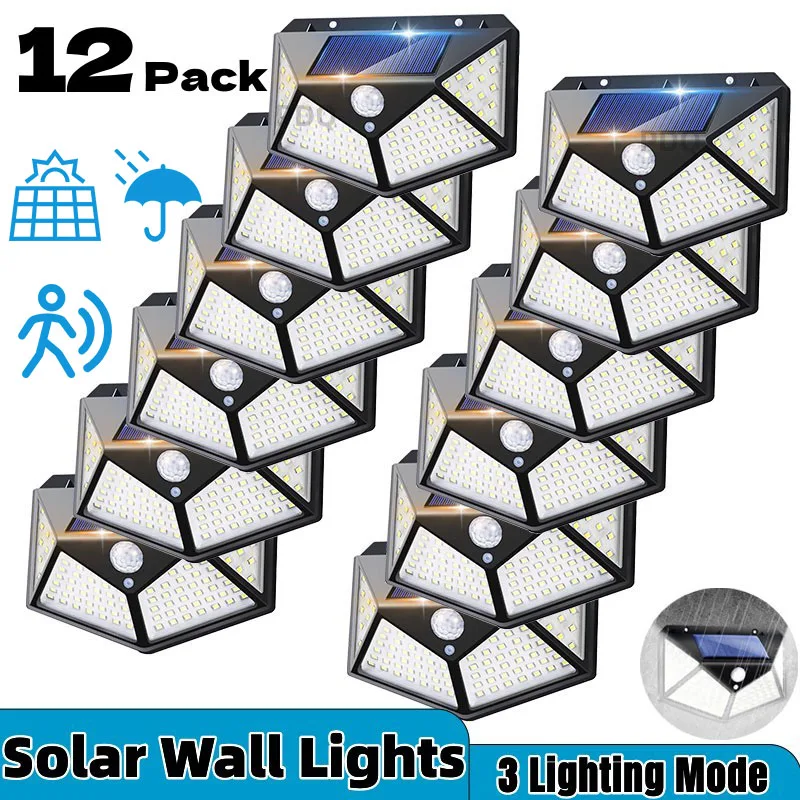 Paquete de 1-12 luces solares para exteriores, lámpara de pared de 100 LED, luces con Sensor de movimiento, farola Solar impermeable para jardín, porche, patio, garaje