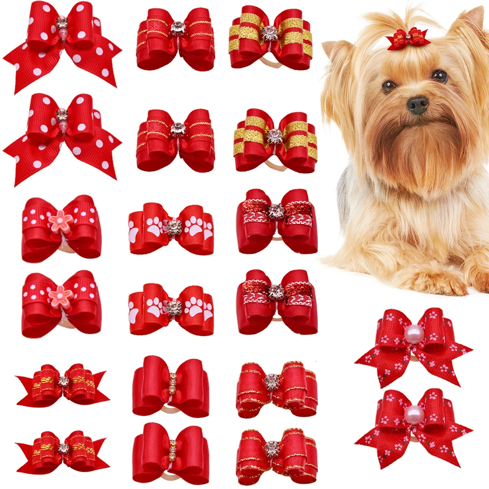 10 unids/lote de lazos pequeños hechos a mano para el pelo para perro, banda de goma, lazo para el pelo de gato, Boutique, accesorios para el cuidado de perros del Día de San Valentín
