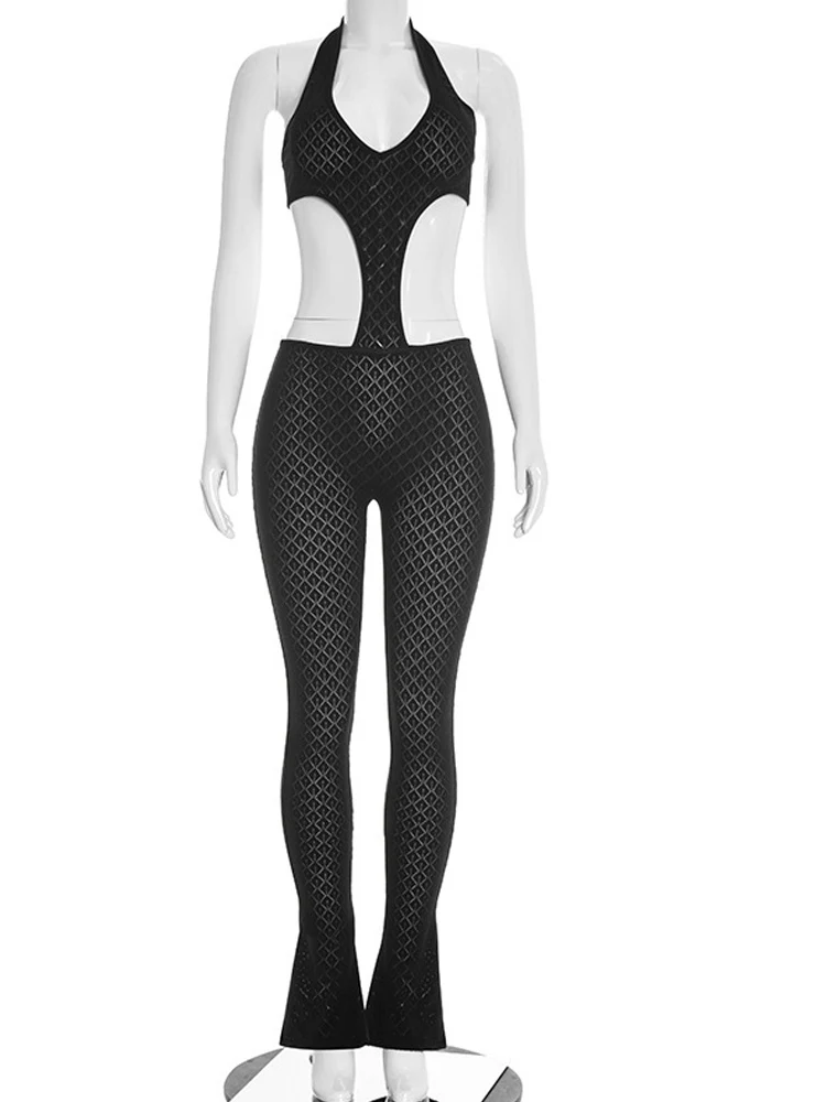 Beyprern ​ Nuevo mono ajustado de punto negro sexy para mujer, con cuello halter y aberturas, de una pieza, ideal para discoteca.