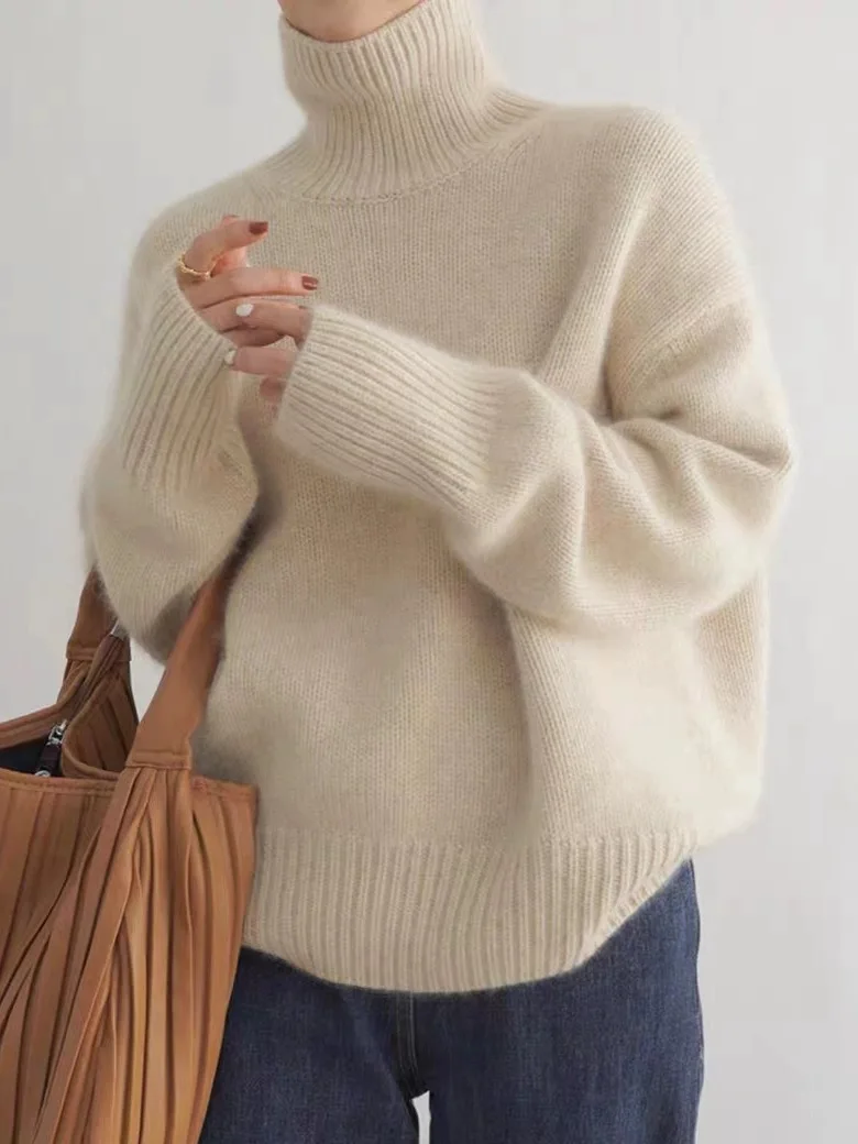 Otoño e Invierno nuevo suéter de lana merina de 100% jersey de punto de cuello alto para mujer tops casuales sueltos de talla grande