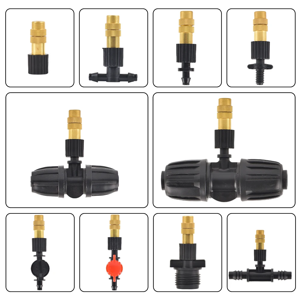 Boquilla de nebulización de cobre ajustable de 2-10 piezas, conector en T de plástico de 4/7mm, aspersor de riego de latón, boquilla de refrigeración