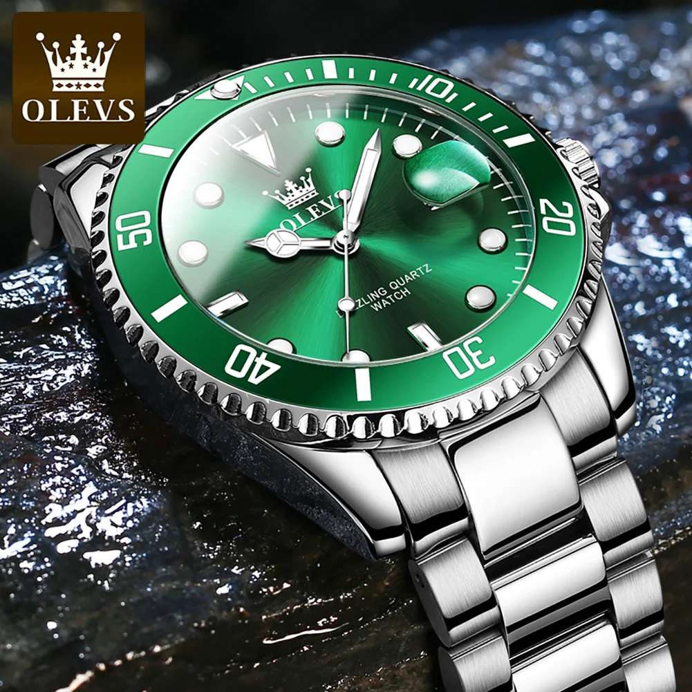 OLEVS 5885 relojes para hombre, correa de acero inoxidable de negocios, reloj de cuarzo verde, calendario resistente al agua, reloj de pulsera luminoso de alta calidad