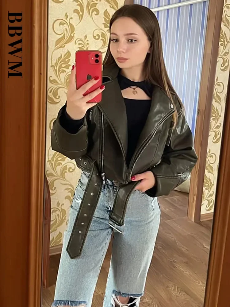 BBWM, Chaqueta corta holgada Vintage de gran tamaño de piel sintética con cinturón, ropa de calle para mujer, abrigo Retro con cremallera para motociclista, prendas de vestir