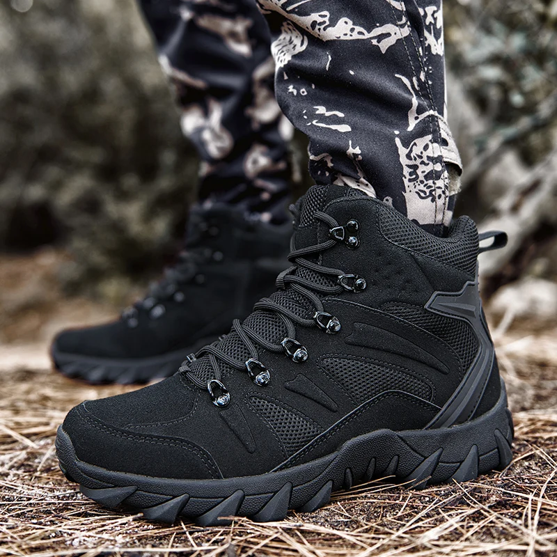 HIKEUP-Botines de cuero para hombre, botas de invierno de diseñador de marca, zapatos tácticos de senderismo, zapatillas de seguridad para el trabajo, Ejército