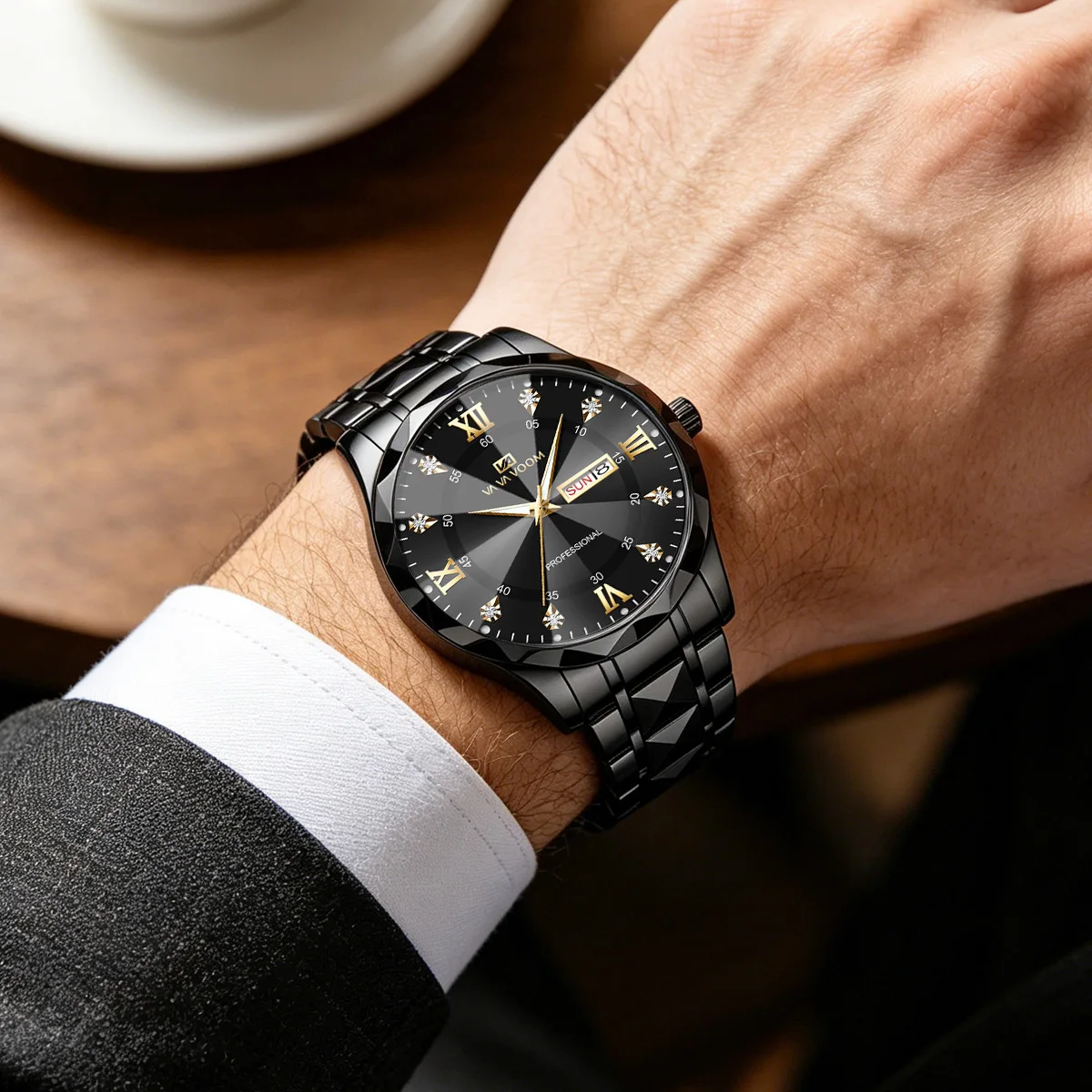 Reloj de negocios de acero inoxidable para hombre, cronógrafo de lujo con brillo nocturno, doble Calendario, movimiento de cuarzo, 41mm, oro azul