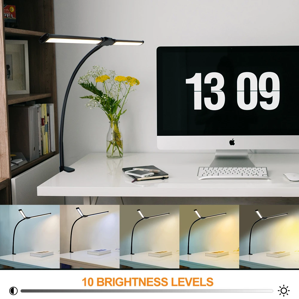 Lámpara de Escritorio LED con Clip Metálico para el Cuidado de la Vista, 3 Colores Ajustables, 10 Niveles de Brillo, Cabezal Giratorio Flexible para Lectura en Casa, Juegos de PC