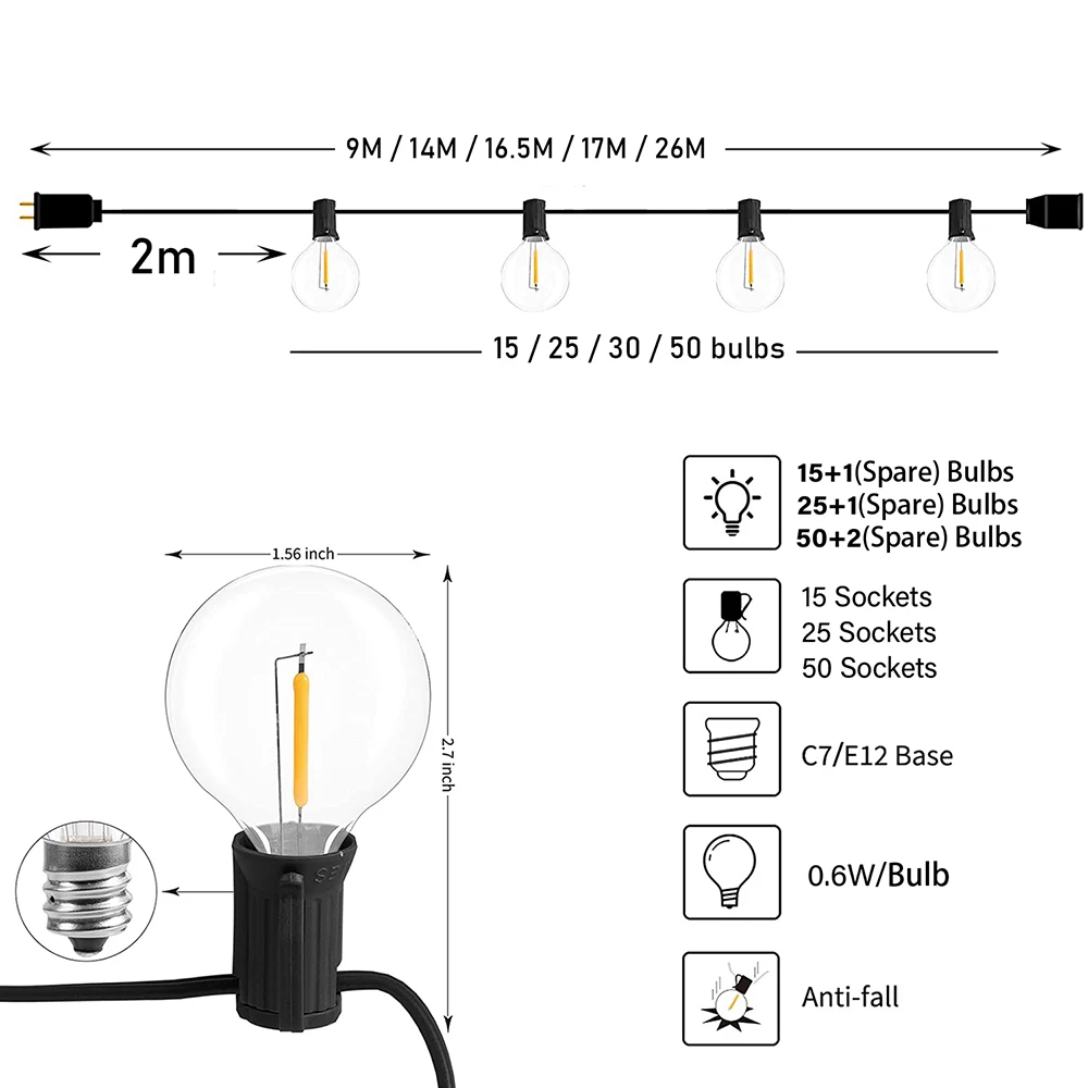Guirnalda de luces LED con forma de globo de 9M/26M, Hada LED G40 para exteriores, fiesta de Navidad, decoración de jardín, lámpara de guirnalda, calle, Patio trasero