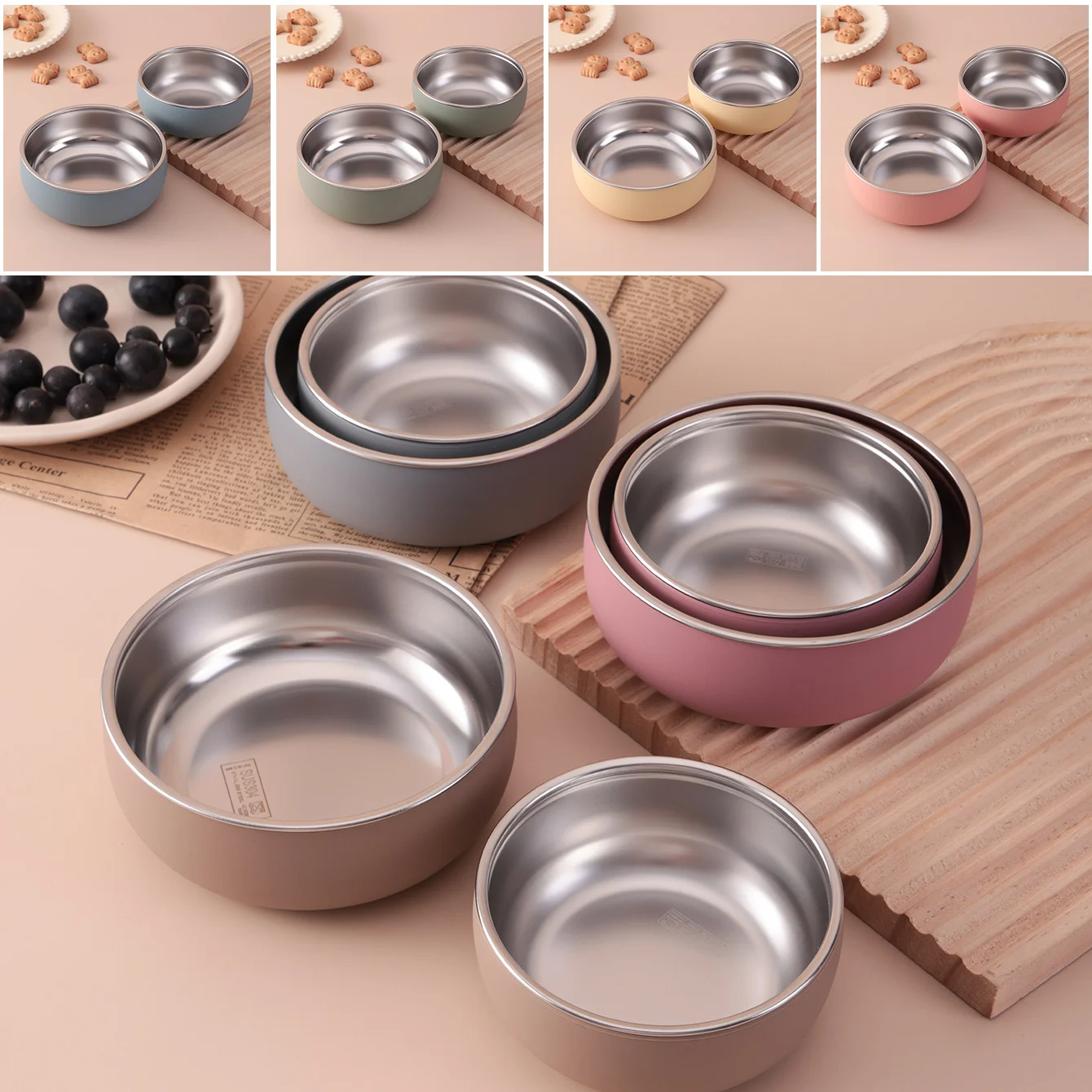 Color niños 2 uds tazón de acero inoxidable juego de vajilla para alimentación de bebé plato de comida de silicona desmontable sin BPA vajilla para niños