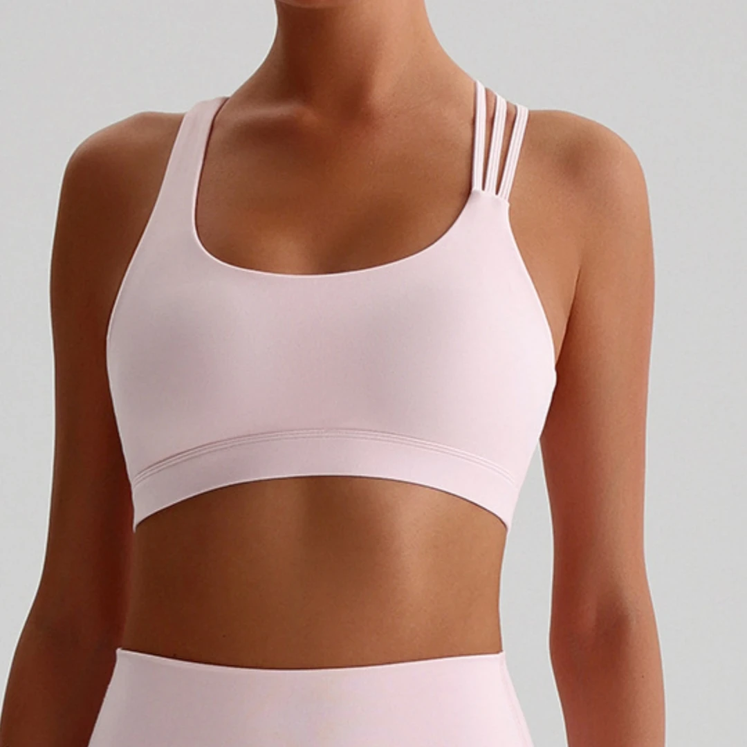 Color sólido de alta resistencia correa cruzada para el hombro gimnasio ropa interior de gimnasio mujeres Fitness deporte sujetador Top a prueba de golpes atlético apretado entrenamiento W