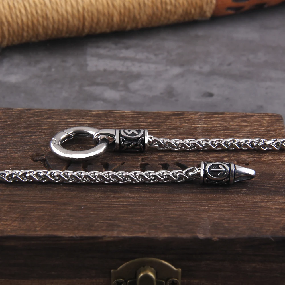 Collar con Colgante de Runa Vikinga Nórdica con Cierre Redondo Abierto, Cadena de Acero Inoxidable con Caja de Madera