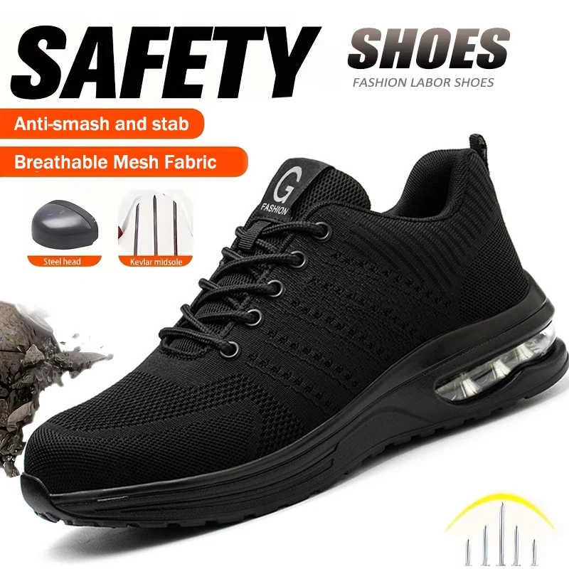 Zapatos de seguridad ligeros para hombre y mujer, zapatillas de trabajo con cojín de aire, zapatos con punta de acero, botas de seguridad para construcción, zapatos de trabajo antigolpes