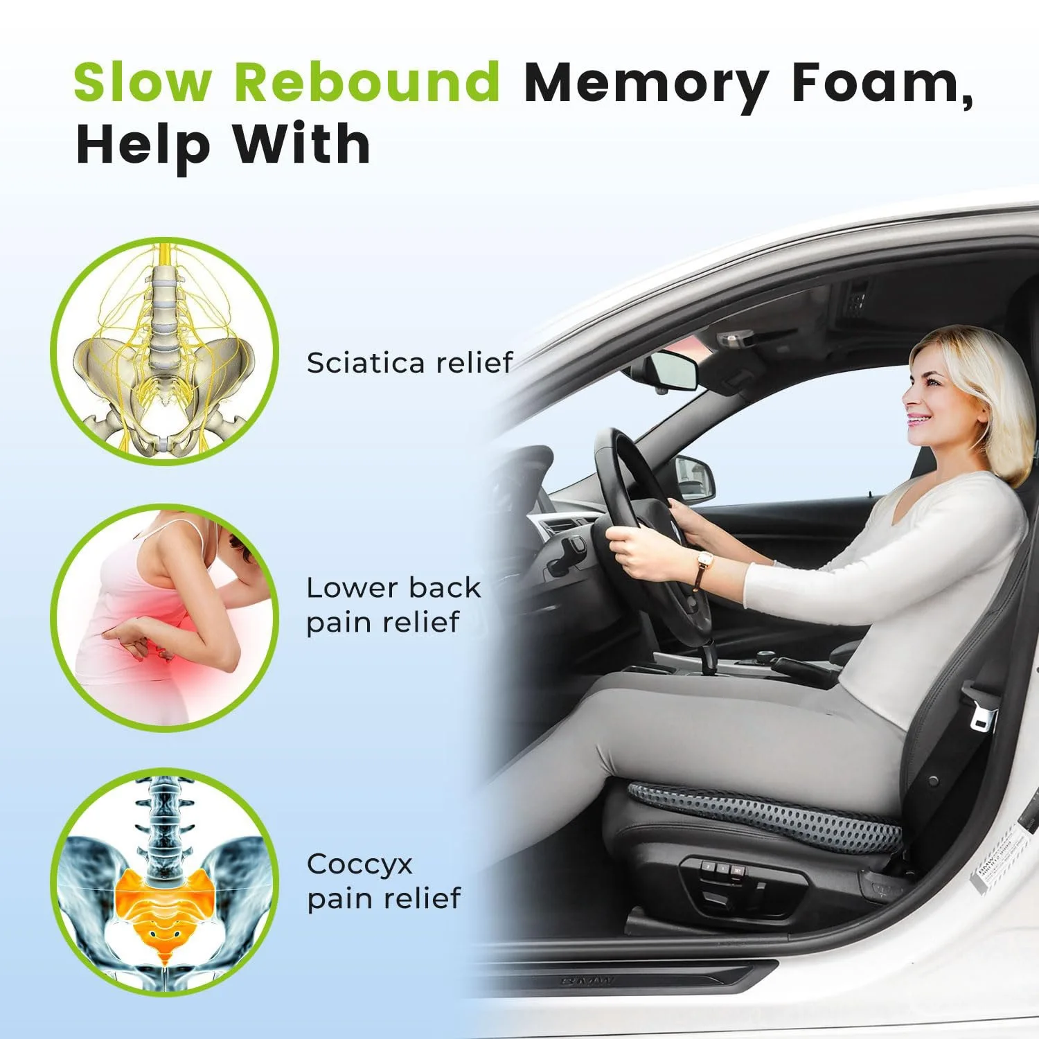 Cojín cómodo para asiento de coche, asiento de conductor, silla de oficina, silla de ruedas, cojín de asiento de espuma viscoelástica, soporte ortopédico