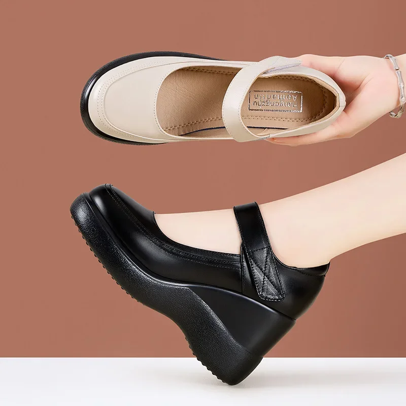 8cm transpirable cómodo poco profundo plataforma gruesa cuñas zapatos 2025 primavera zapatos de cuero genuino mujer tacones altos para mamá