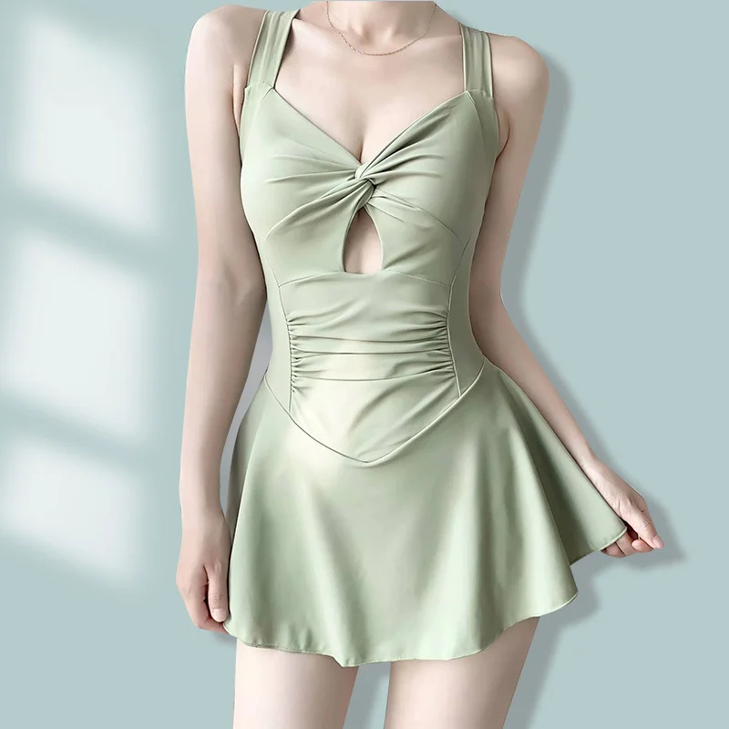 Traje de baño para mujer, Color sólido, adelgazante, vestido de una pieza, estilo conservador, ajuste de cintura, traje de baño adelgazante para vacaciones