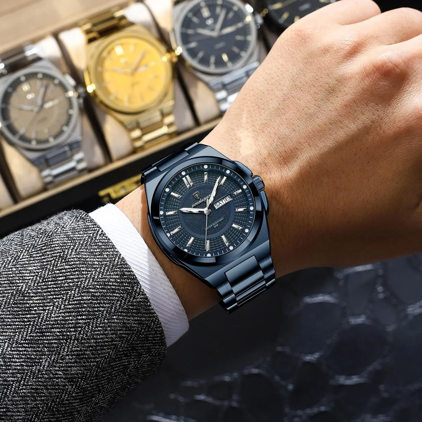 POEDAGAR, reloj de pulsera para hombre de negocios, acero inoxidable, resistente al agua, luminoso, informal, reloj para hombre, fecha, semana, relojes de cuarzo elegantes para hombre