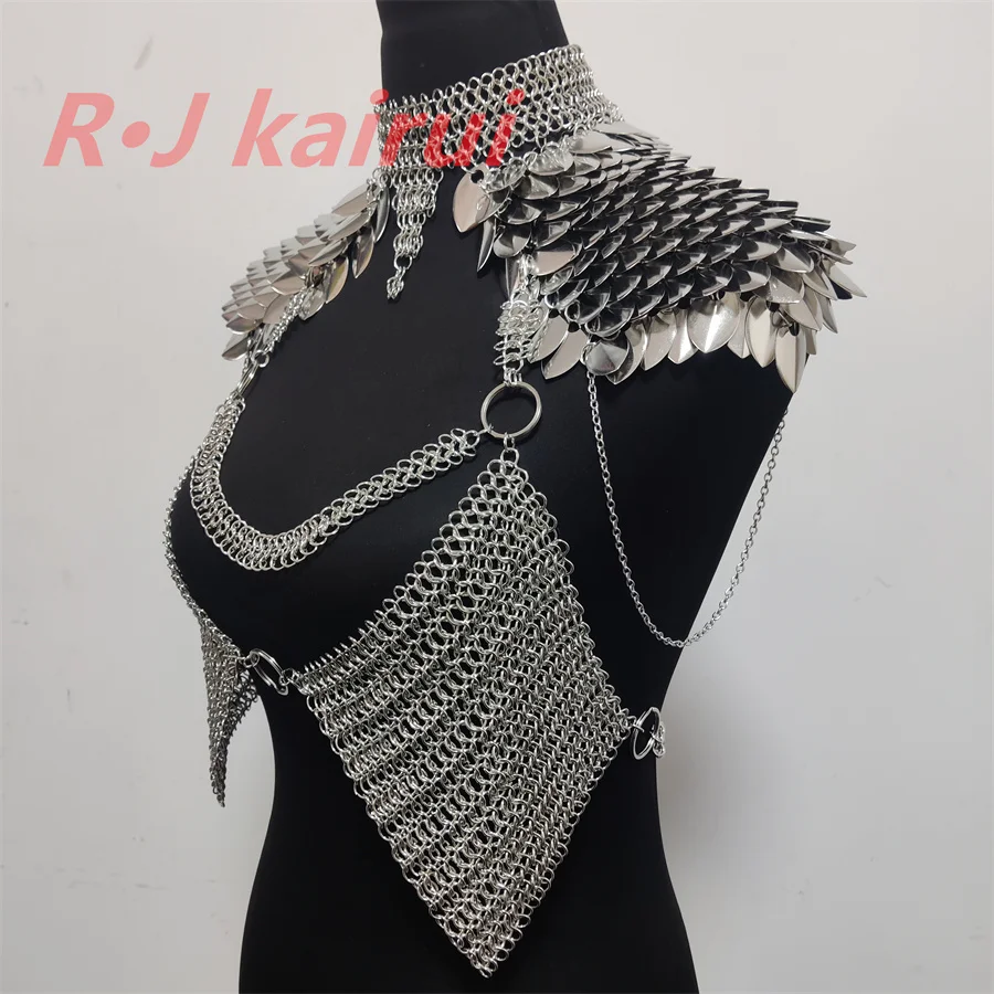 Nueva moda Metal sirena escamas de pescado cuello hombro cadenas capas cota de malla dragón escala hombro joyería 3 colores