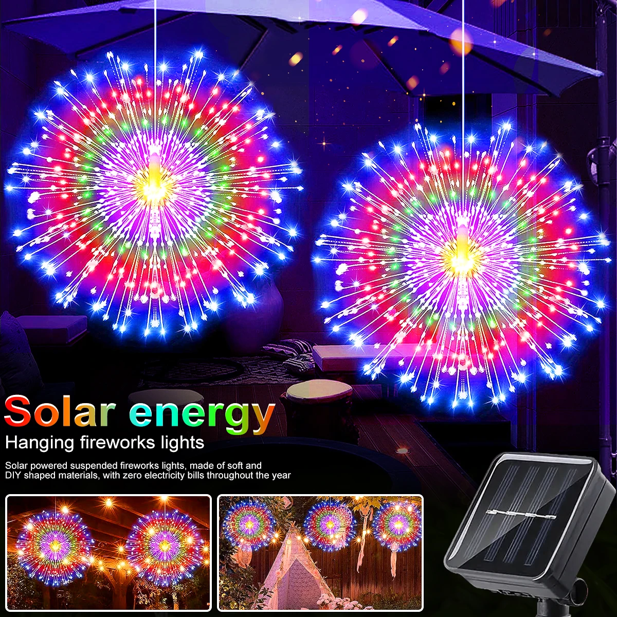 Luces solares de fuegos artificiales para exteriores, 90/150/200 LED, 8 modos, guirnaldas de luces colgantes de alambre de cobre para patio, tienda de campaña, fiesta, Navidad